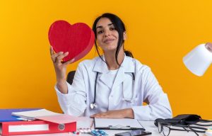 pleased-young-female-doctor-wearing-medical-robe-with-stethoscope-sits-table-with-medical-tools-holding-heart-shape-box-isolated-yellow-wall